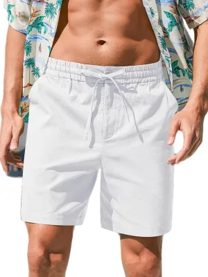 RQP Mens Cotton Linen Shorts Casual Drawstring 7inch Inseam Shorts Stretch Summer Beach Wear