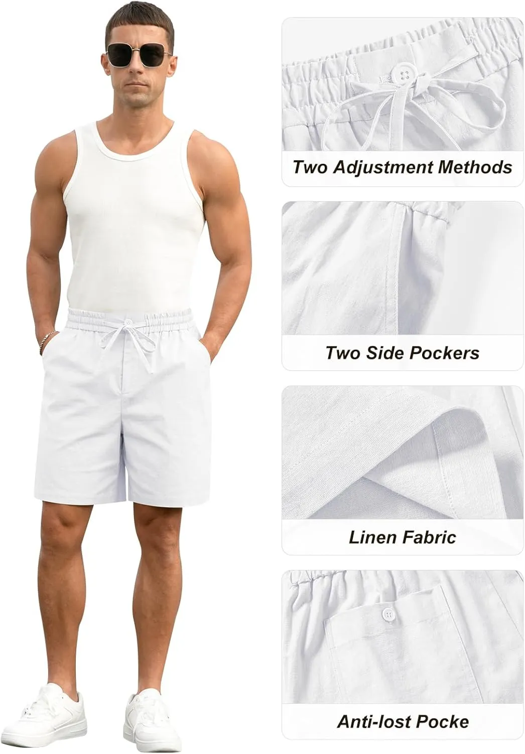 RQP Mens Cotton Linen Shorts Casual Drawstring 7inch Inseam Shorts Stretch Summer Beach Wear