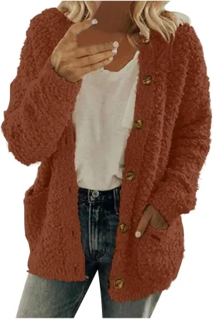 Ruziyoog Womens 2024 Winter Fuzzy Fleece Jacket Long Sleeve Button Down Sherpa Coats Casual Winter Warm Outwear with Pockets