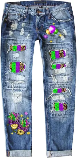 Sequin Jeans Mardi Gras Pants for Women Straight Leg Roll-up Denim Pants Distressed Frayed Raw Hem Boyfriend Jeans for Women