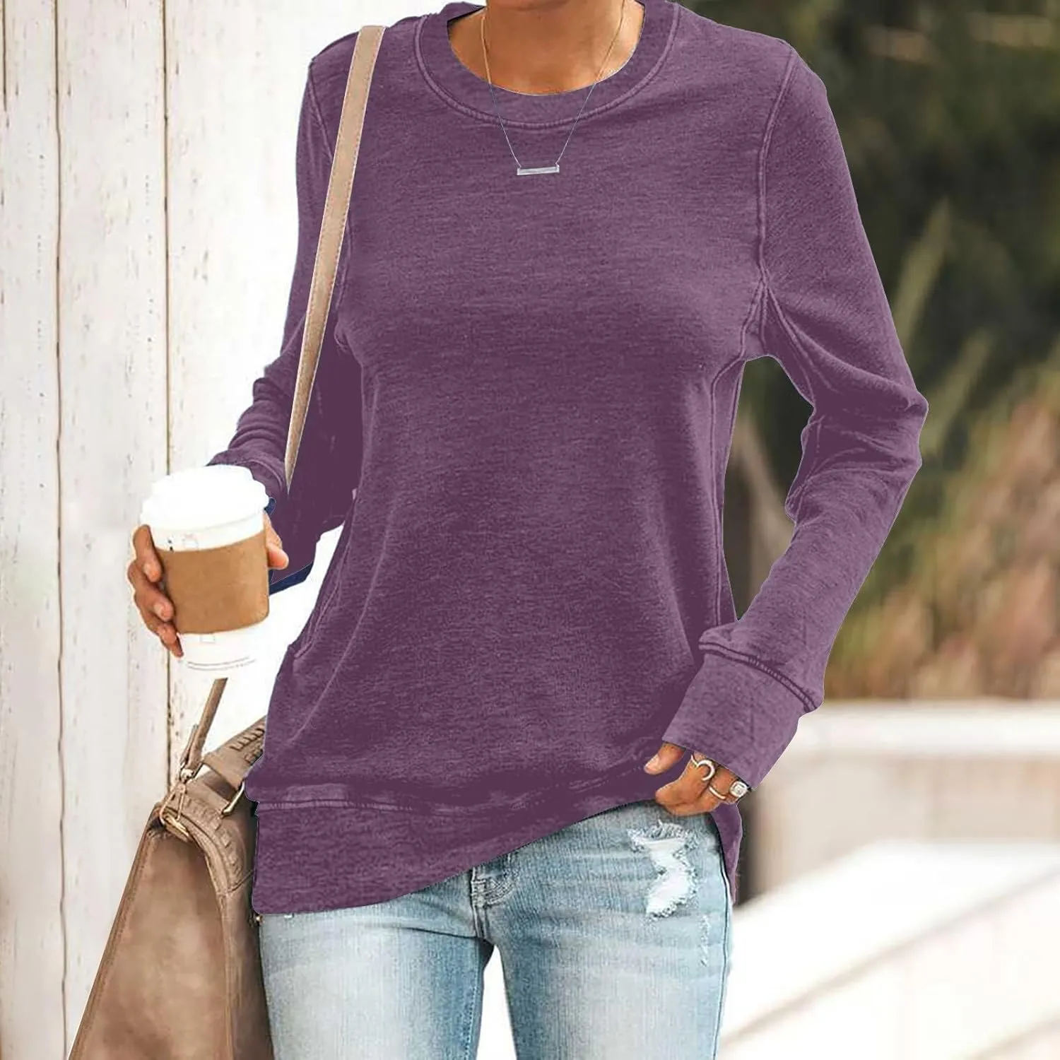 Solid Color Sweatshirt for Women Casual Loose Crewneck Long Sleeve Lightweight Jogger Workout Hoodie Fall Pullover Top