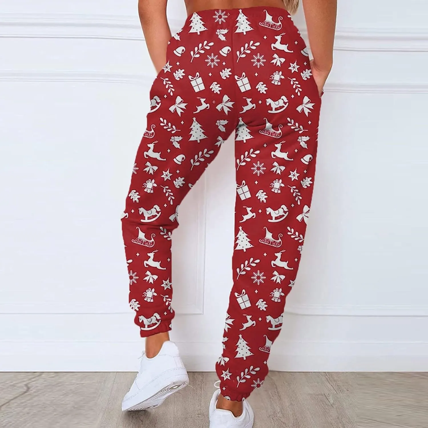 Sweat Pants for Womens Christmas Print Elastic High Waisted Athletic Joggers Drawstring Lounge Pants with Pockets