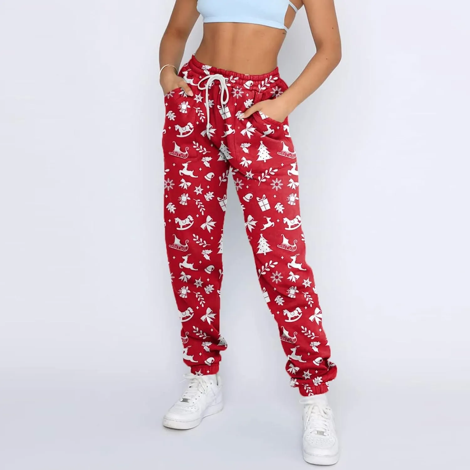 Sweat Pants for Womens Christmas Print Elastic High Waisted Athletic Joggers Drawstring Lounge Pants with Pockets