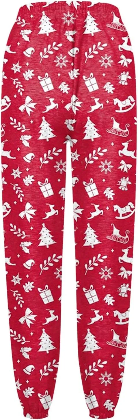 Sweat Pants for Womens Christmas Print Elastic High Waisted Athletic Joggers Drawstring Lounge Pants with Pockets