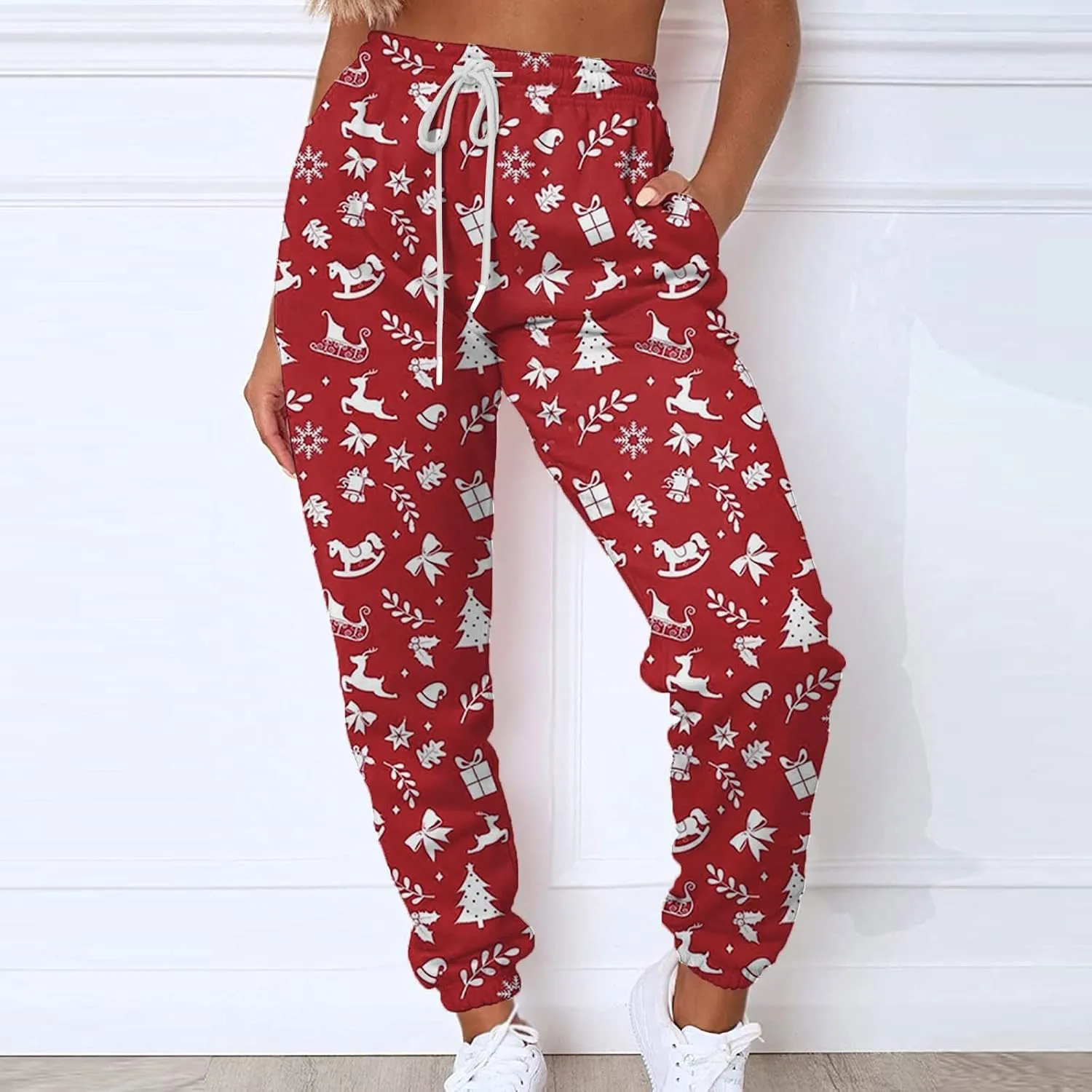 Sweat Pants for Womens Christmas Print Elastic High Waisted Athletic Joggers Drawstring Lounge Pants with Pockets