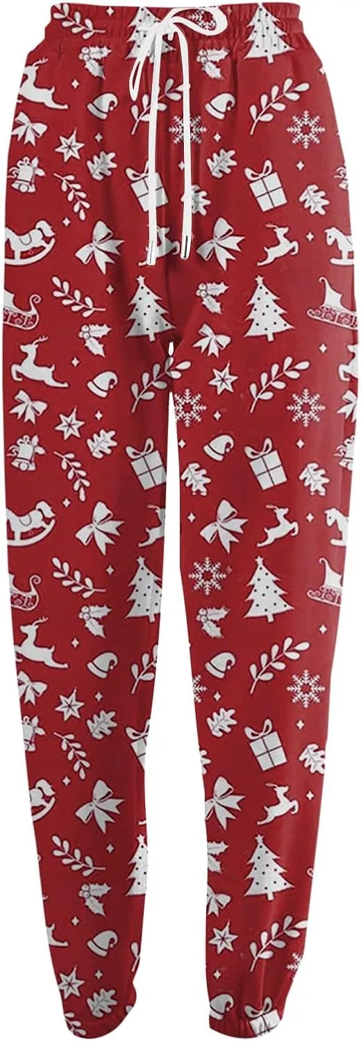 Sweat Pants for Womens Christmas Print Elastic High Waisted Athletic Joggers Drawstring Lounge Pants with Pockets