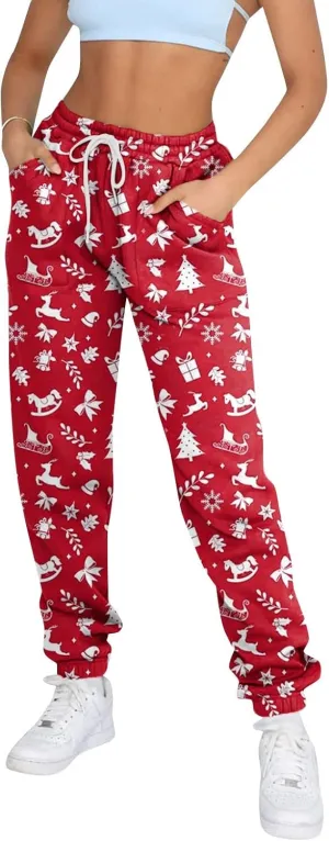 Sweat Pants for Womens Christmas Print Elastic High Waisted Athletic Joggers Drawstring Lounge Pants with Pockets