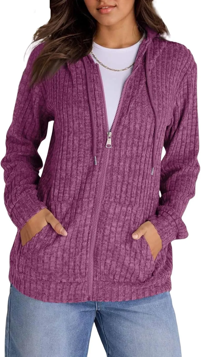 Sweaters for Women Long Sleeve Knitted Zip up Hoodies Ribbed Pullover Loose Casual Sweatshirts with Pocket