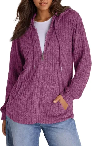 Sweaters for Women Long Sleeve Knitted Zip up Hoodies Ribbed Pullover Loose Casual Sweatshirts with Pocket