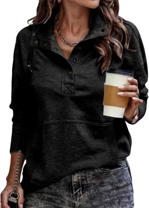 Sweatshirts for Women Button Down Henley V Neck Top Casual Long Sleeve Sweatshirt Lightweight Loose Pullover Tops