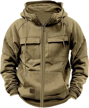 Tactical Cargo Hoodies for Men Multi Pockets Full Zip Hooded Sweatshirt Long Sleeve Drawstring Hiking Hooded Jackets
