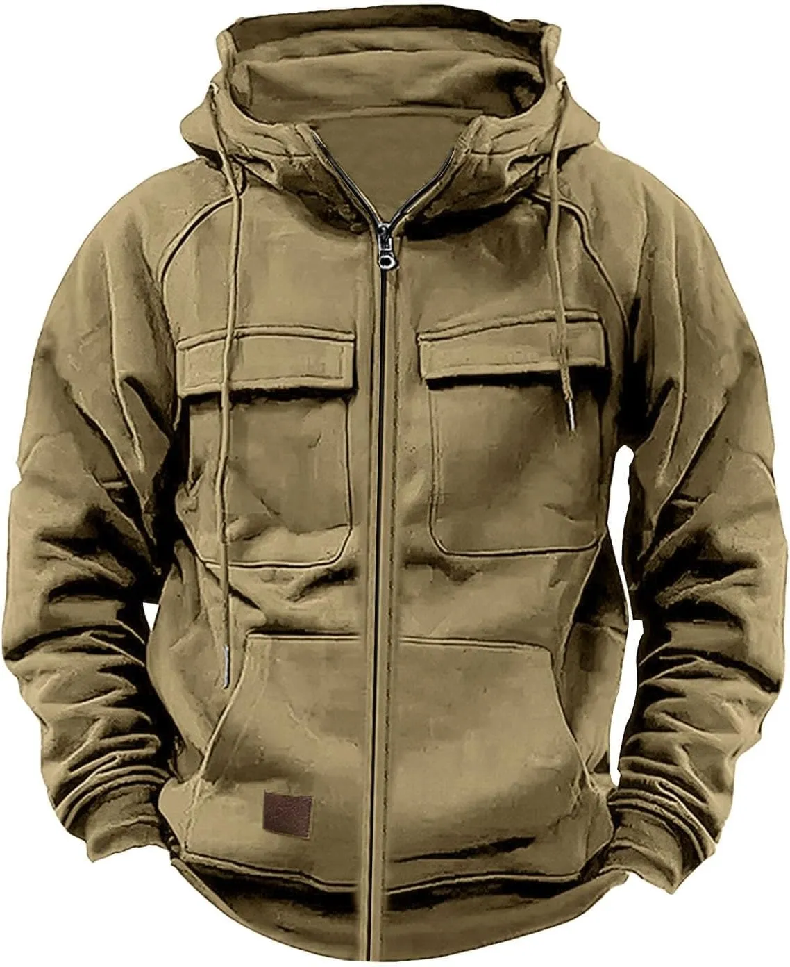 Tactical Cargo Hoodies for Men Multi Pockets Full Zip Hooded Sweatshirt Long Sleeve Drawstring Hiking Hooded Jackets