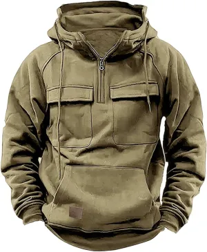 Tactical Hoodies For Men Military Workout Casual Cargo Pullover Quarter Zip Hooded Outfit Tops Heavy Weight Sweatshirt