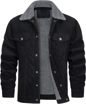 Thatrich Men's Corduroy Jacket Sherpa Lined Button Down Winter Coat Lightweight Fleece Jackets Lapel Long Sleeve Coat Outwear