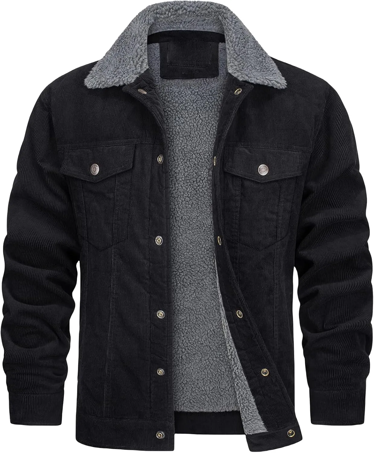 Thatrich Men's Corduroy Jacket Sherpa Lined Button Down Winter Coat Lightweight Fleece Jackets Lapel Long Sleeve Coat Outwear