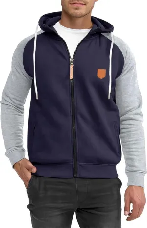 Trendy Athletic Hoodies Sweatshirt for Men Full Zip Patchwork Long Sleeve Drawstring Hooded Pullover Top with Pockets