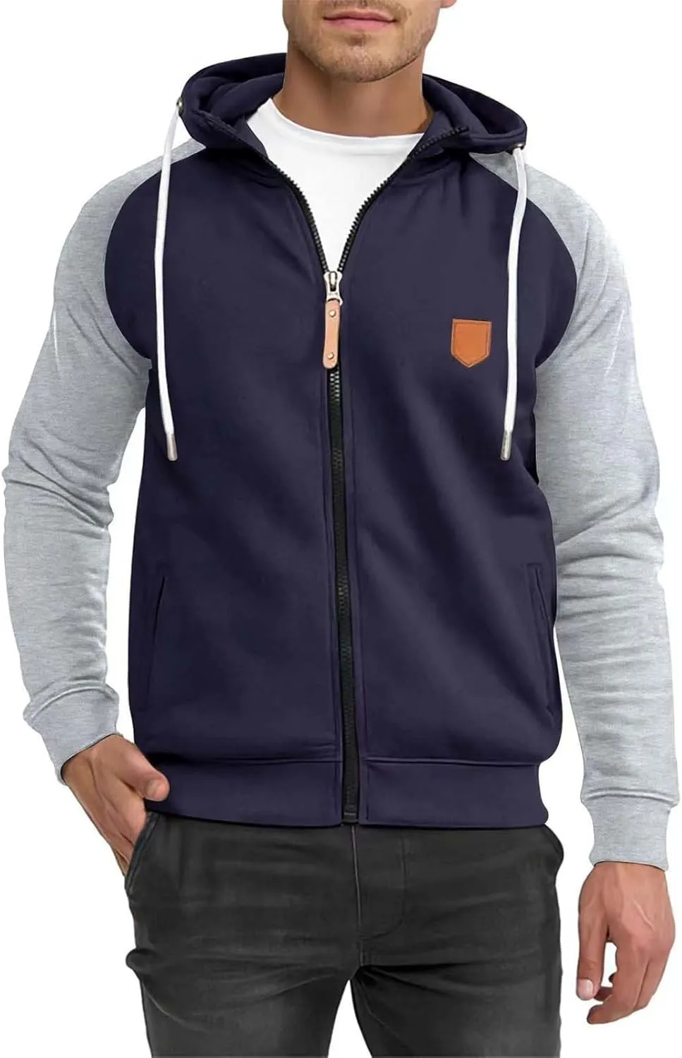 Trendy Athletic Hoodies Sweatshirt for Men Full Zip Patchwork Long Sleeve Drawstring Hooded Pullover Top with Pockets