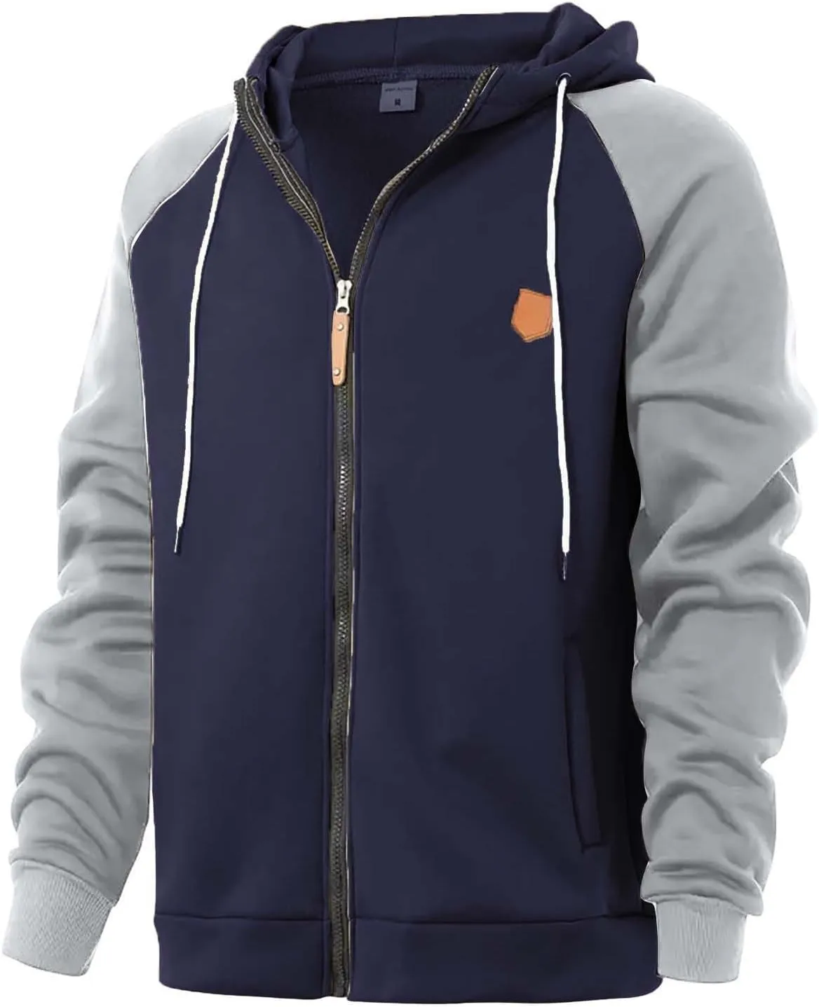 Trendy Athletic Hoodies Sweatshirt for Men Full Zip Patchwork Long Sleeve Drawstring Hooded Pullover Top with Pockets