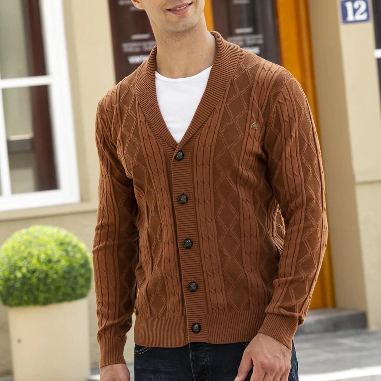 tuduoms Mens Shawl Collar Cardigan Sweater Argyle Cable Knitted Casual Winter Lightweight Button Down Thermal Chunky Sweater
