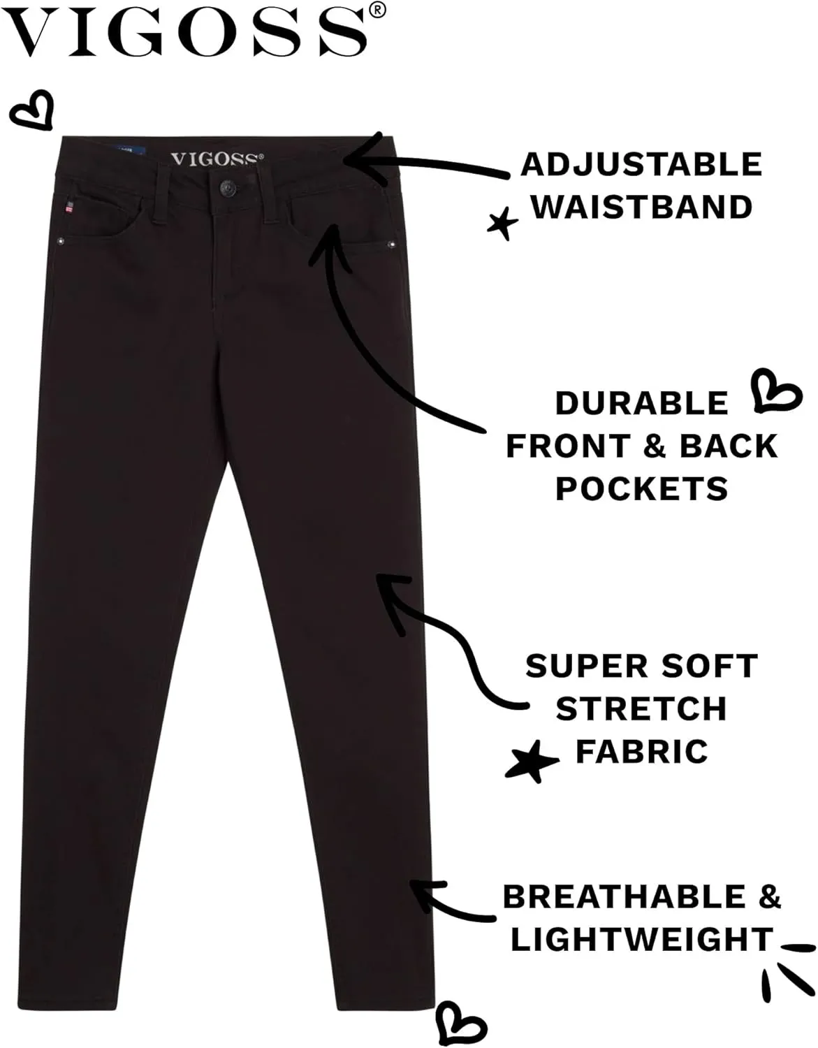 VIGOSS Girls' Jeans - Super Stretch Denim Skinny Jeans for Girls - Kids Adjustable Slim Fit Jeans (4-16)