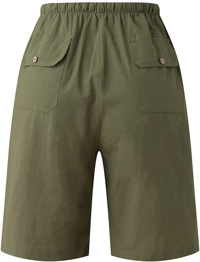 WABEOR Bermuda Shorts for Men Knee Length Cotton Linen Shorts Elastic Waist Beach Long Shorts Comfy Casual Summer Shorts