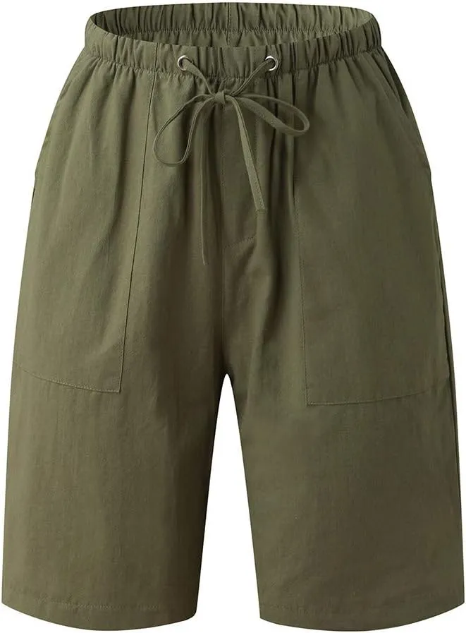 WABEOR Bermuda Shorts for Men Knee Length Cotton Linen Shorts Elastic Waist Beach Long Shorts Comfy Casual Summer Shorts