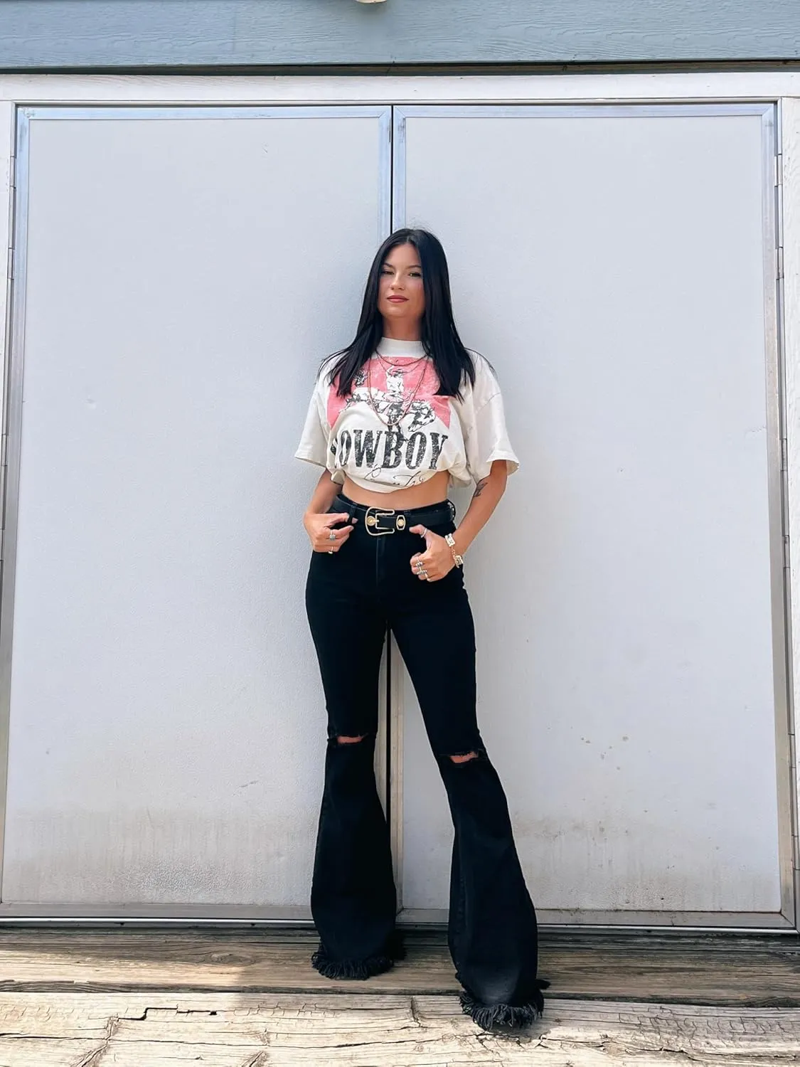 Willow Boutique Farrah Distressed Flare Jeans for Women – Trendy & Casual High Waisted Bell Bottom Pants for Women - Black