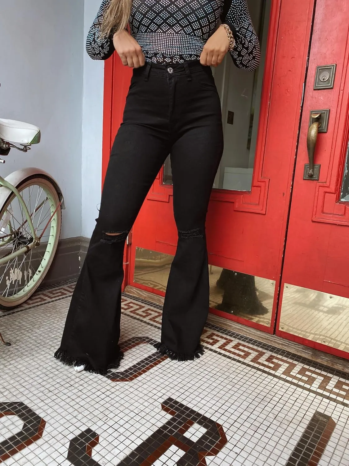 Willow Boutique Farrah Distressed Flare Jeans for Women – Trendy & Casual High Waisted Bell Bottom Pants for Women - Black