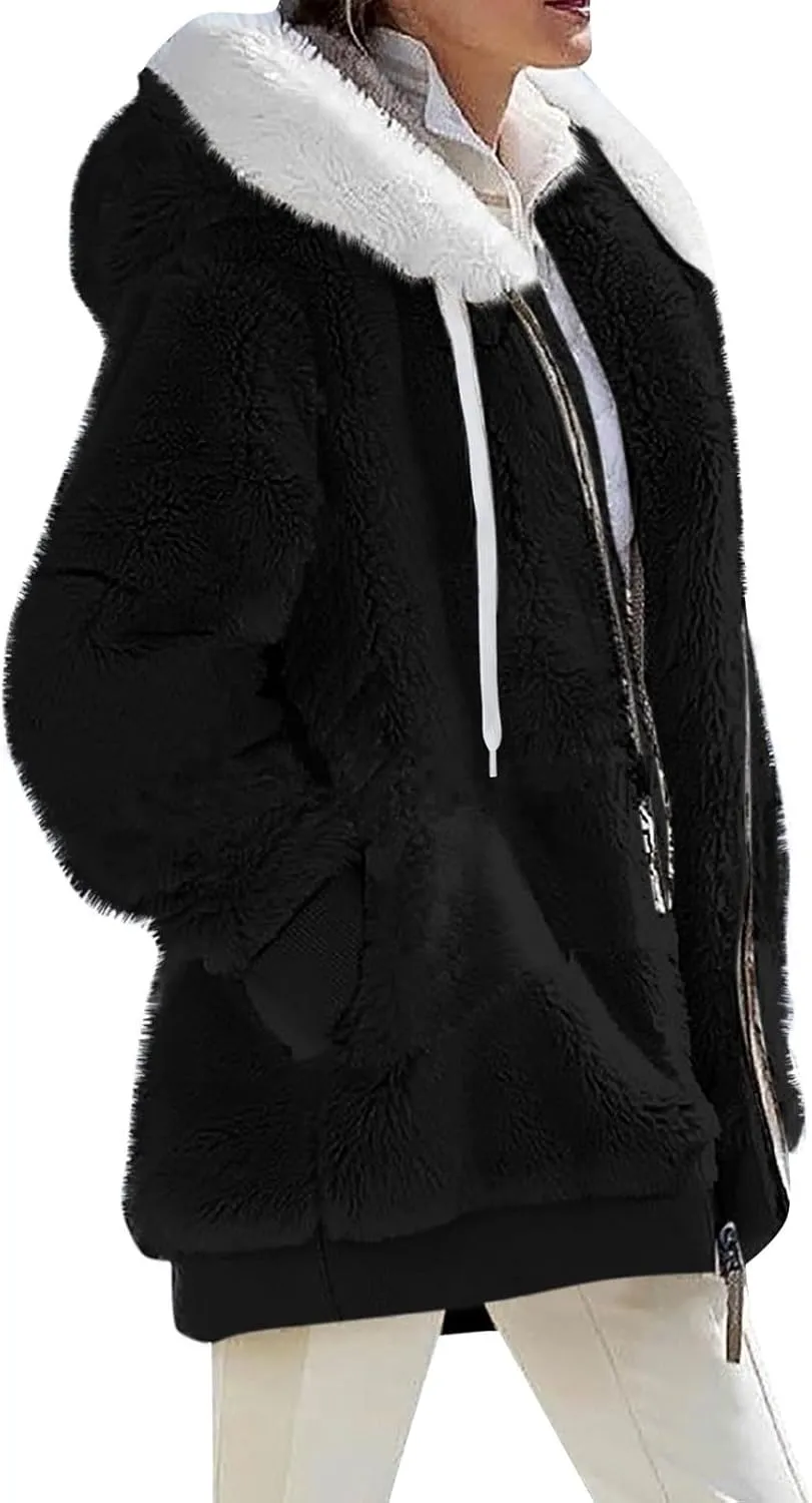 Winter Coat for Women Lightweight Fleece Plush Zipper Outerwear Hooded Sherpa Jacket Comfy Wool Coats with Pockets