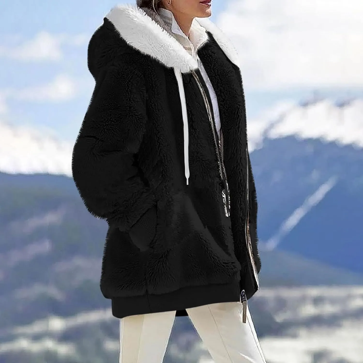 Winter Coat for Women Lightweight Fleece Plush Zipper Outerwear Hooded Sherpa Jacket Comfy Wool Coats with Pockets