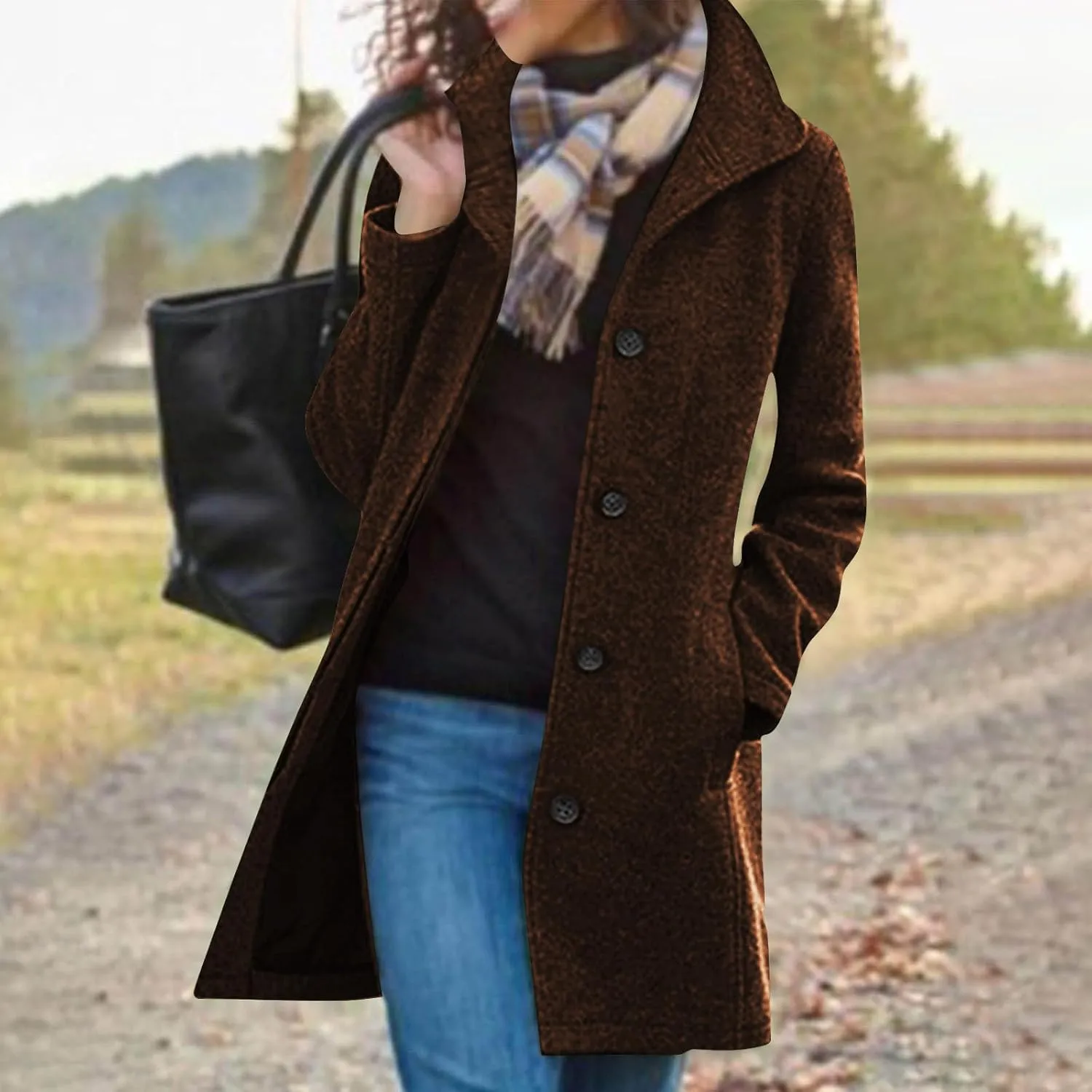 Winter Coats for Women Casual Thicken Wool Blend Stand Collar Single Breasted Pea Coat Long Wool Trench Coat Jackets