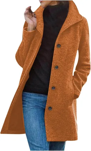 Winter Coats for Women Casual Thicken Wool Blend Stand Collar Single Breasted Pea Coat Long Wool Trench Coat Jackets