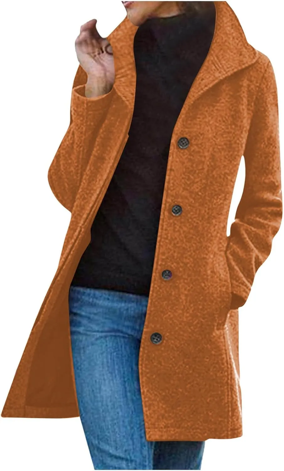 Winter Coats for Women Casual Thicken Wool Blend Stand Collar Single Breasted Pea Coat Long Wool Trench Coat Jackets