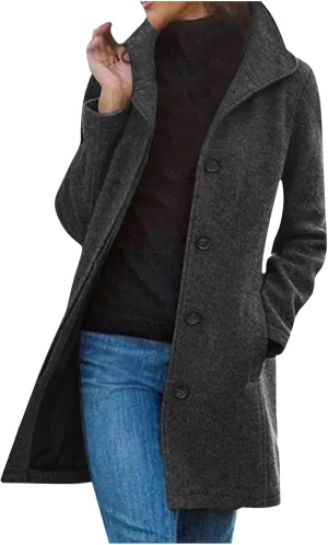 Winter Coats for Women Casual Thicken Wool Blend Stand Collar Single Breasted Pea Coat Long Wool Trench Coat Jackets
