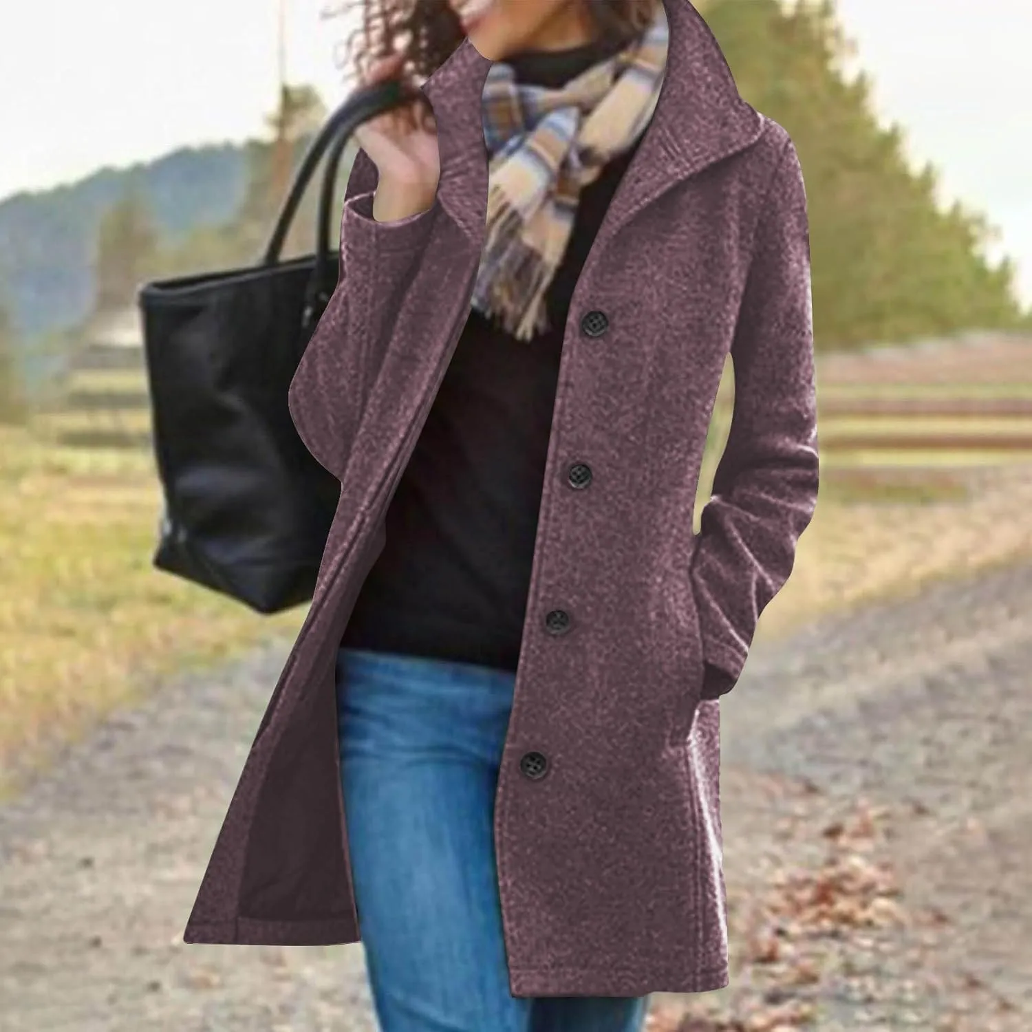 Winter Coats for Women Casual Thicken Wool Blend Stand Collar Single Breasted Pea Coat Long Wool Trench Coat Jackets