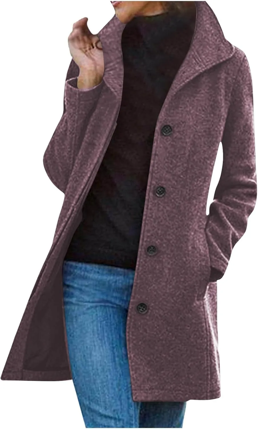 Winter Coats for Women Casual Thicken Wool Blend Stand Collar Single Breasted Pea Coat Long Wool Trench Coat Jackets
