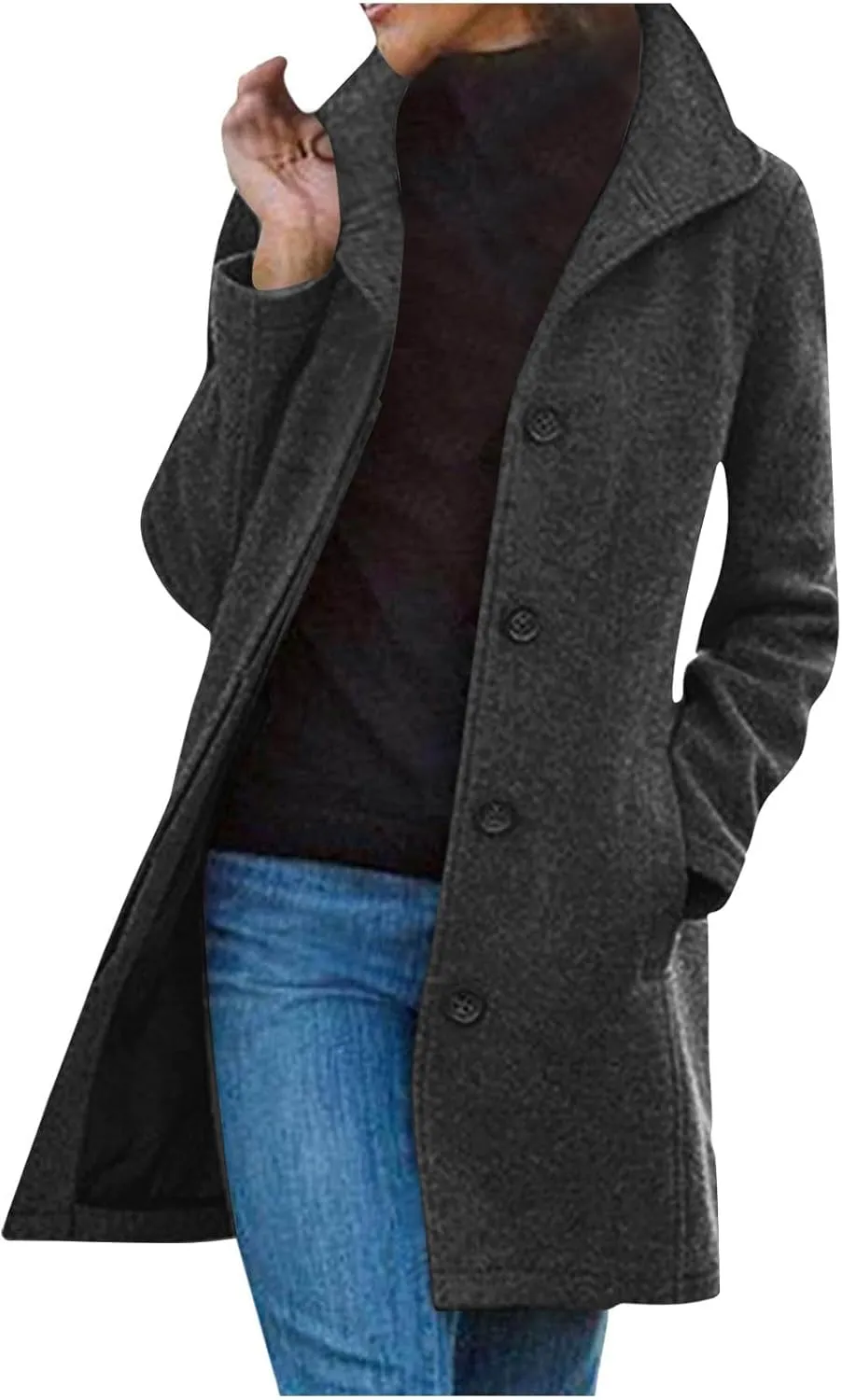 Winter Coats for Women Casual Thicken Wool Blend Stand Collar Single Breasted Pea Coat Long Wool Trench Coat Jackets