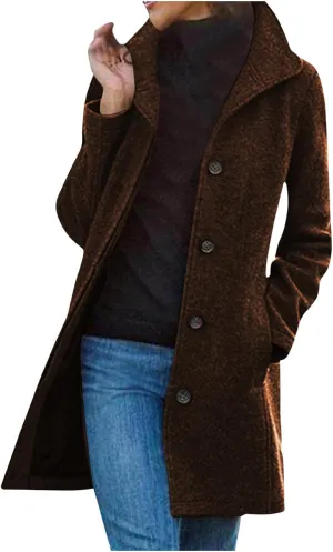 Winter Coats for Women Casual Thicken Wool Blend Stand Collar Single Breasted Pea Coat Long Wool Trench Coat Jackets