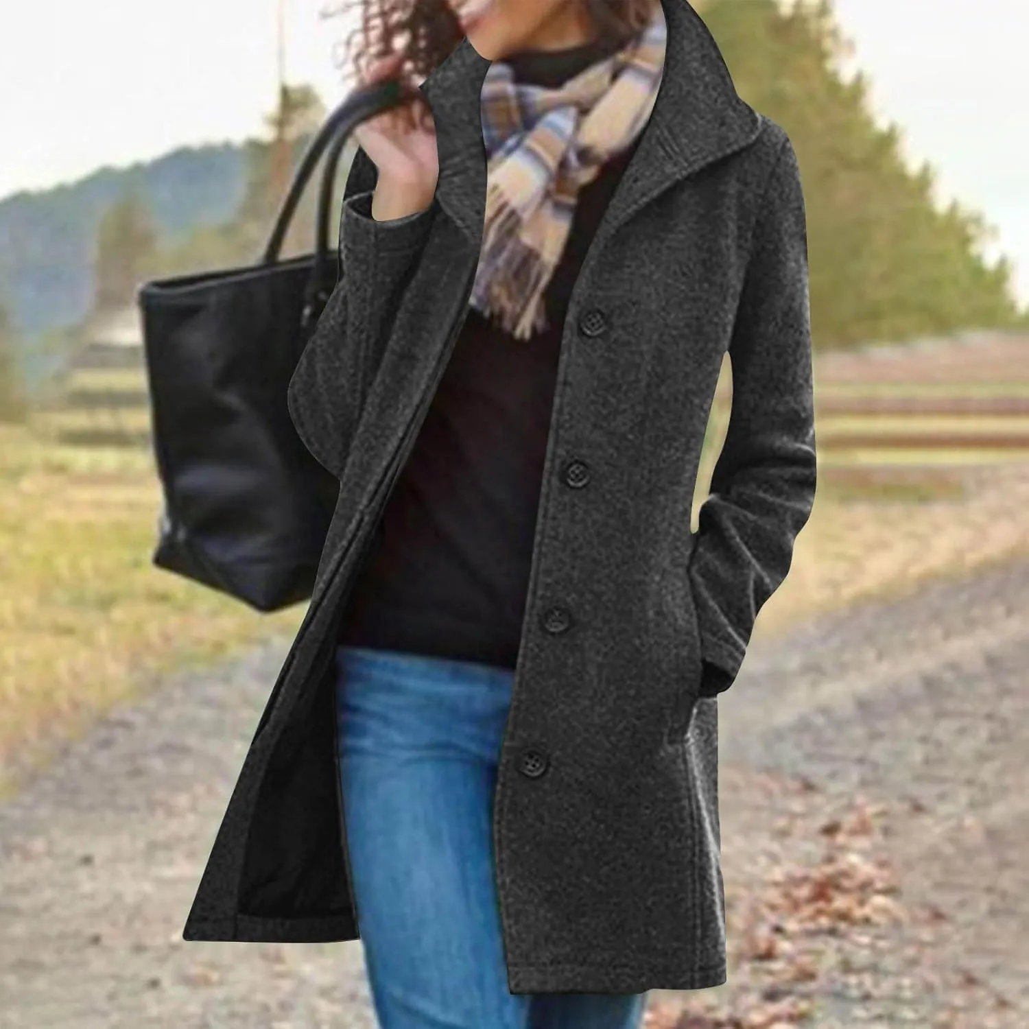 Winter Coats for Women Casual Thicken Wool Blend Stand Collar Single Breasted Pea Coat Long Wool Trench Coat Jackets