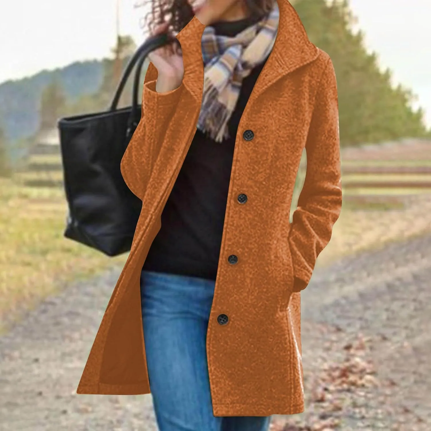 Winter Coats for Women Casual Thicken Wool Blend Stand Collar Single Breasted Pea Coat Long Wool Trench Coat Jackets