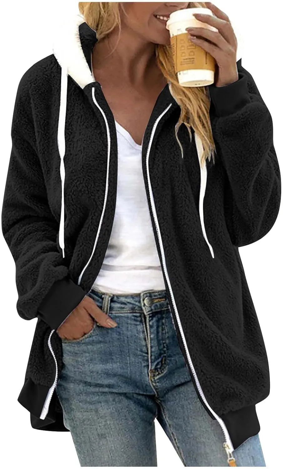 Winter Coats For Women Fuzzy Fleece Jacket Hooded Color Block Patchwork Cardigan Coat Outerwear With Pocket S-5XL