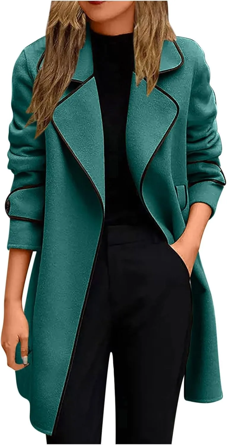 Women Elegant Notch Casual Lapel Double Breasted Wool Blend Mid Long Pea Trench Coat Slim Fit Warm Overcoat Jacket