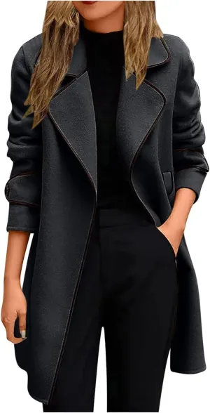Women Elegant Notch Casual Lapel Double Breasted Wool Blend Mid Long Pea Trench Coat Slim Fit Warm Overcoat Jacket
