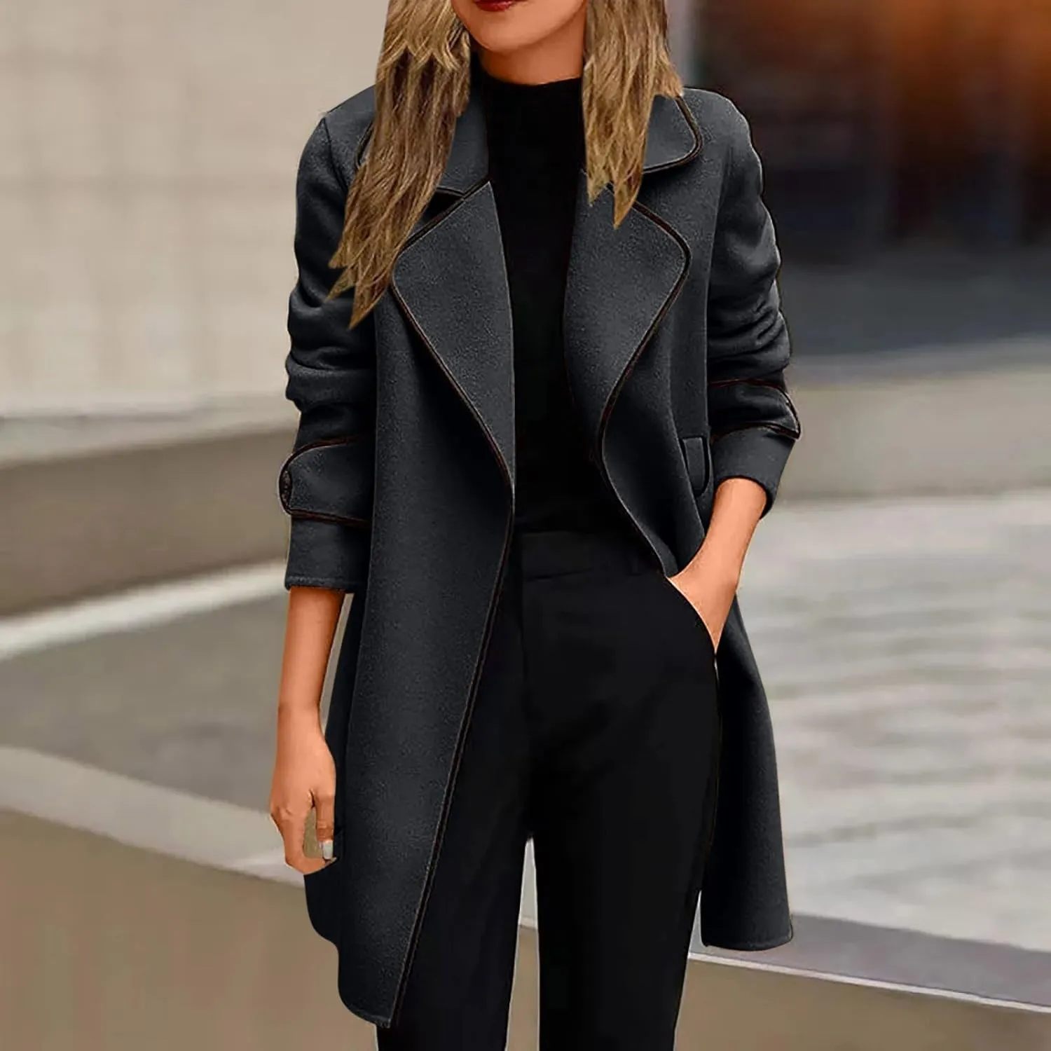 Women Elegant Notch Casual Lapel Double Breasted Wool Blend Mid Long Pea Trench Coat Slim Fit Warm Overcoat Jacket