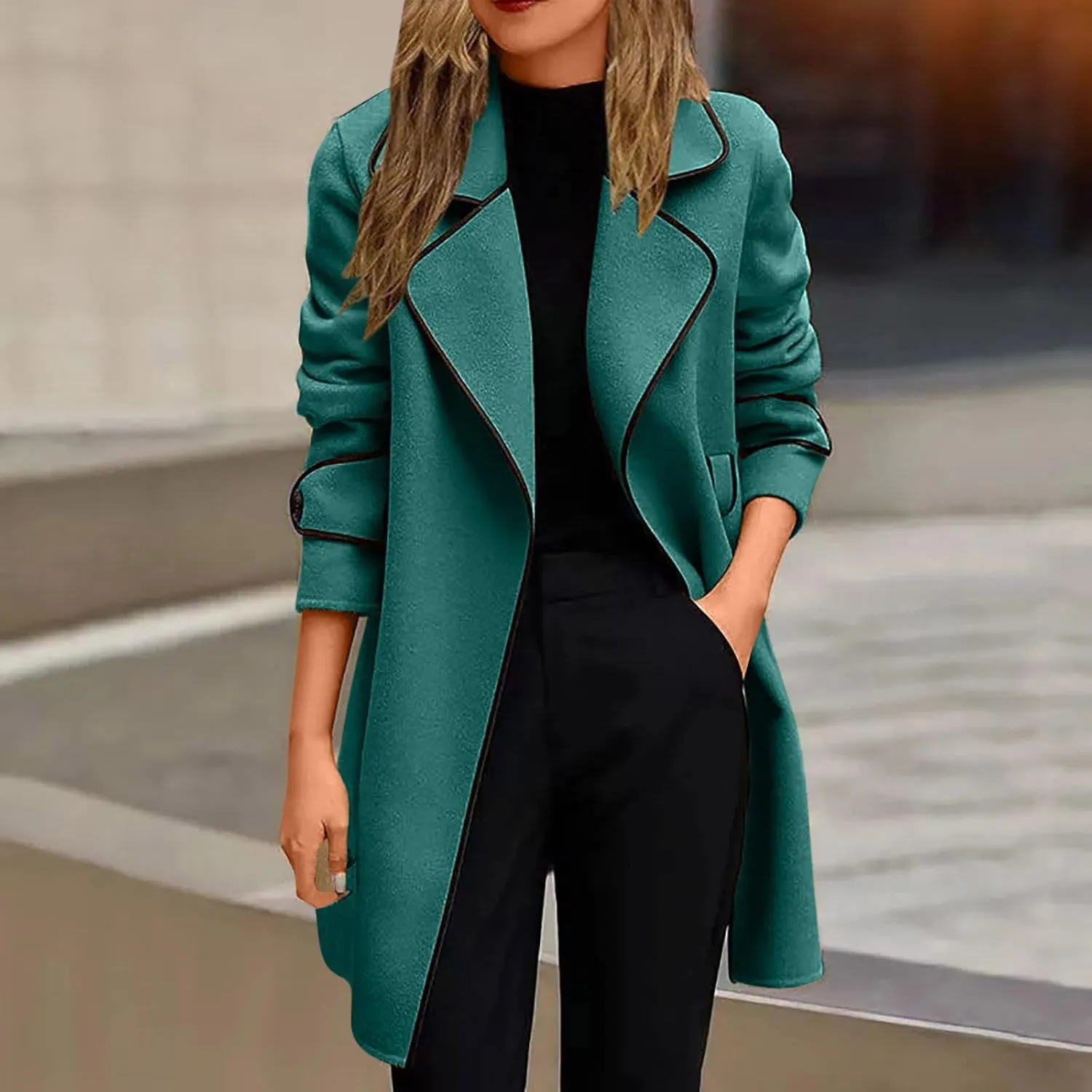 Women Elegant Notch Casual Lapel Double Breasted Wool Blend Mid Long Pea Trench Coat Slim Fit Warm Overcoat Jacket
