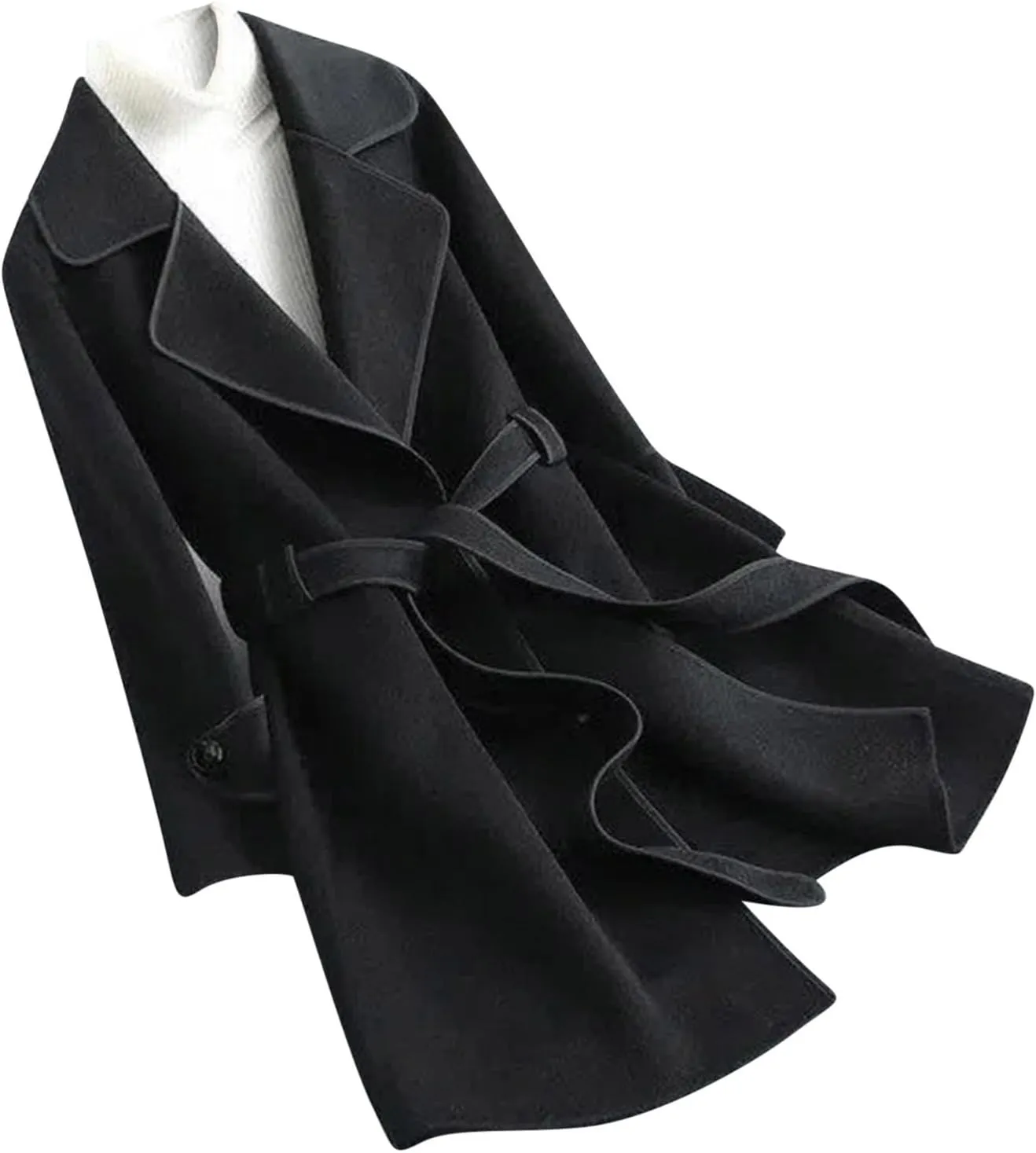 Women Elegant Notch Casual Lapel Double Breasted Wool Blend Mid Long Pea Trench Coat Slim Fit Warm Overcoat Jacket