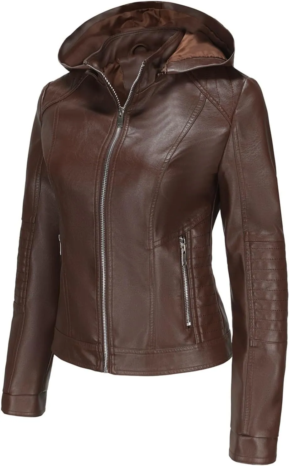 Women Faux Leather Jacket Short PU Moto Biker Fitted Slim Coat Hooded Zip Up Jackets Motorcycle Lightweight Outerwear