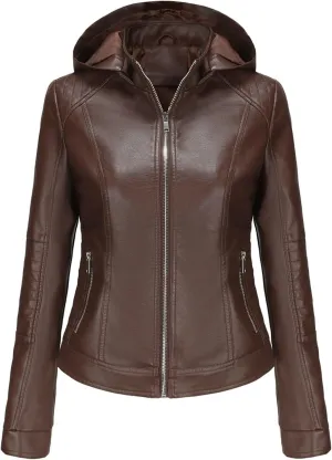 Women Faux Leather Jacket Short PU Moto Biker Fitted Slim Coat Hooded Zip Up Jackets Motorcycle Lightweight Outerwear