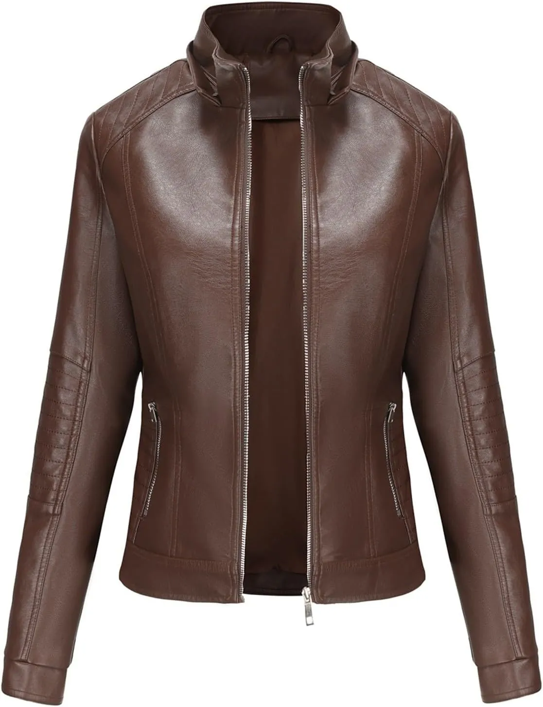 Women Faux Leather Jacket Short PU Moto Biker Fitted Slim Coat Hooded Zip Up Jackets Motorcycle Lightweight Outerwear