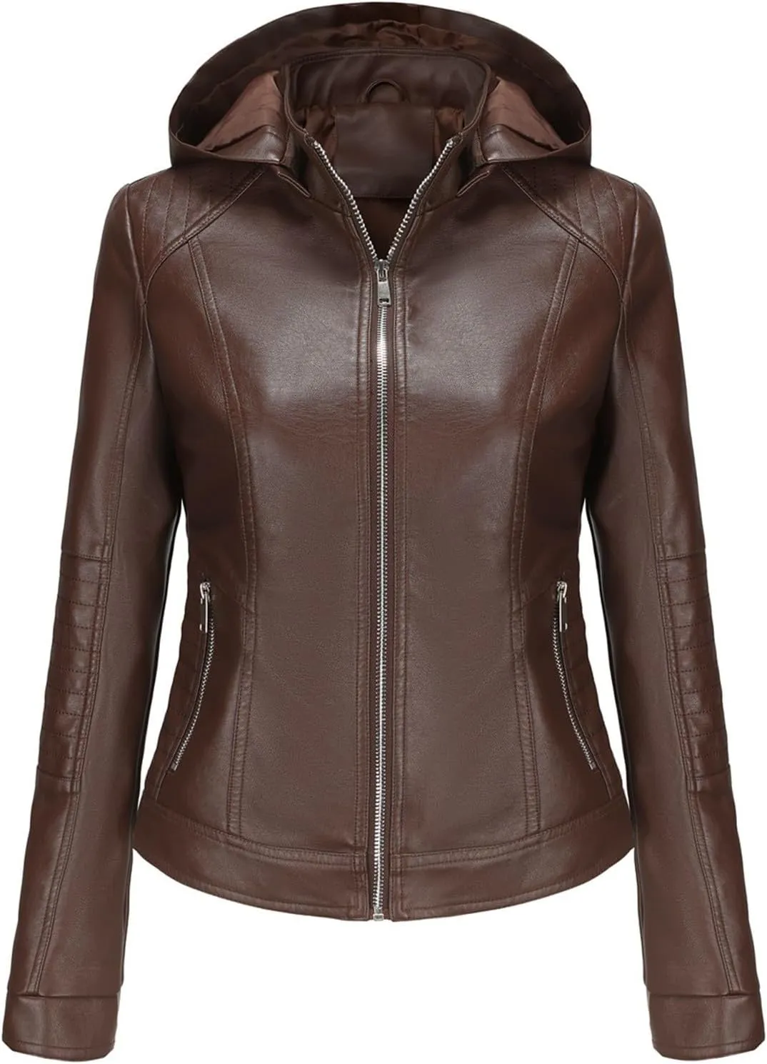 Women Faux Leather Jacket Short PU Moto Biker Fitted Slim Coat Hooded Zip Up Jackets Motorcycle Lightweight Outerwear